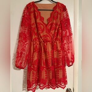 Boohoo red lace dress with tan lining in size 18 with scallop details